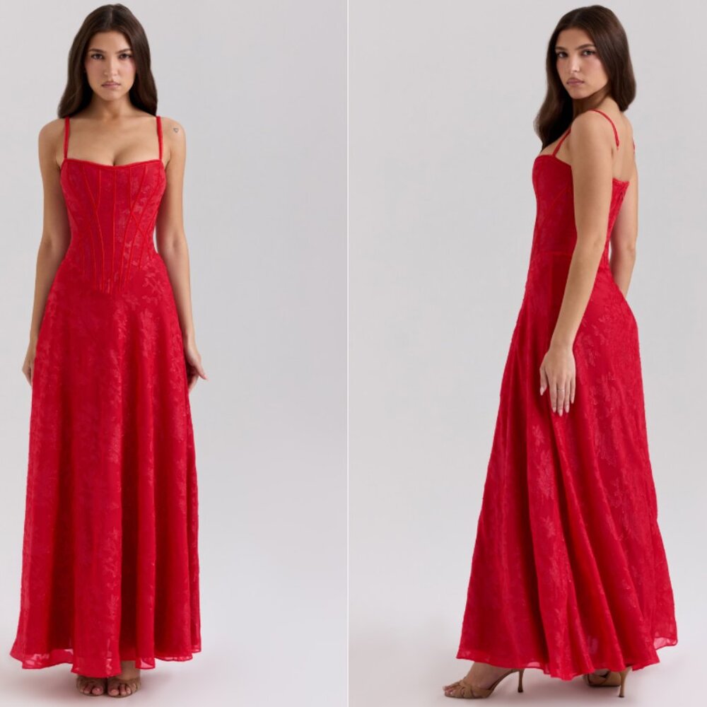 HOUSE OF CB 'Esme' Red Lurex Chiffon Maxi Dress NWOT